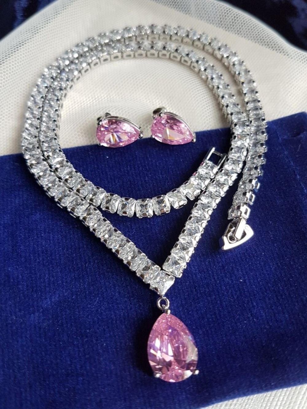 Swarovski Elements Princess Tennis Necklace with Pink Teardrop Pendant NEW